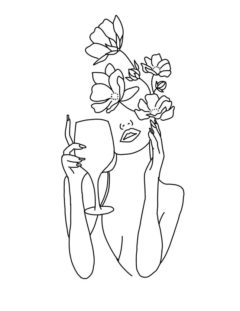 May include: Line art illustration of a woman holding a wine glass, with flowers blooming from her head. The black and white drawing features delicate lines and a minimalist style, perfect for wall art or home decor.