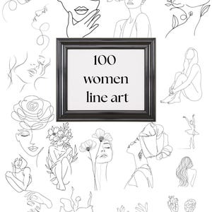 Può includere: Una collezione di disegni di arte lineare minimalisti di donne in varie pose e stili. L'immagine include una stampa incorniciata con il testo "100 women line art". I disegni sono in nero su sfondo bianco.