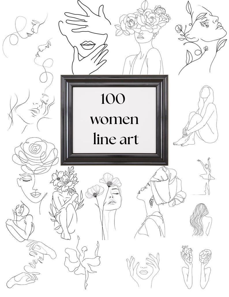 May include: A collection of minimalist line art drawings of women in various poses and styles. The image includes a framed print with the text "100 women line art". The drawings are in black against a white background.