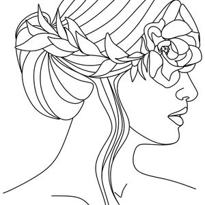 May include: A black and white line drawing of a woman's profile. Her hair is styled in a bun and adorned with a floral and leaf crown. The artwork is minimalist and elegant, suitable for wall art or design.