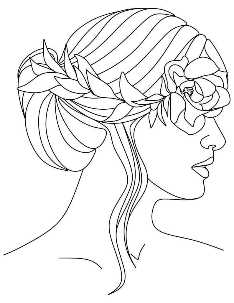 May include: A black and white line drawing of a woman's profile. Her hair is styled in a bun and adorned with a floral and leaf crown. The artwork is minimalist and elegant, suitable for wall art or design.