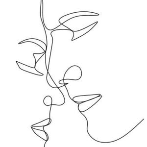 May include: A minimalist black and white line art illustration depicting two faces in profile, seemingly in an embrace or kiss. The artwork is a continuous line drawing, creating a simple yet expressive image.