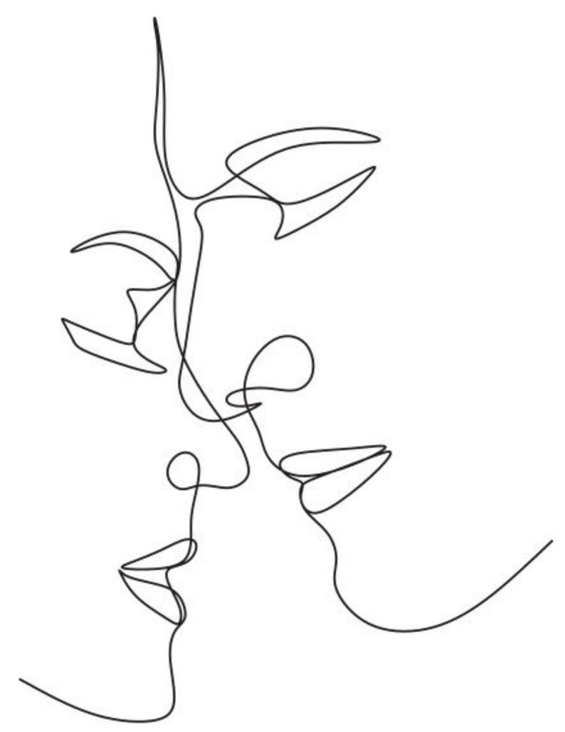 May include: A minimalist black and white line art illustration depicting two faces in profile, seemingly in an embrace or kiss. The artwork is a continuous line drawing, creating a simple yet expressive image.