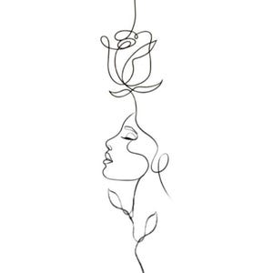 May include: A minimalist line drawing of a woman's profile with closed eyes, connected to a stylized rose above her head. The artwork is rendered in a single, continuous black line against a white background, creating a delicate and elegant design.