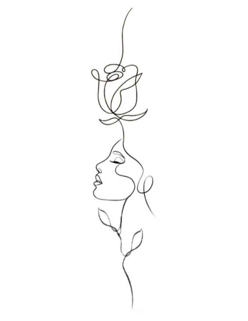 May include: A minimalist line drawing of a woman's profile with closed eyes, connected to a stylized rose above her head. The artwork is rendered in a single, continuous black line against a white background, creating a delicate and elegant design.