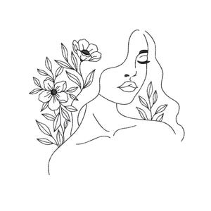 May include: A minimalist line art illustration of a woman's face with closed eyes, flowing hair, and a floral arrangement. The artwork is in black against a white background, creating a simple yet elegant design.
