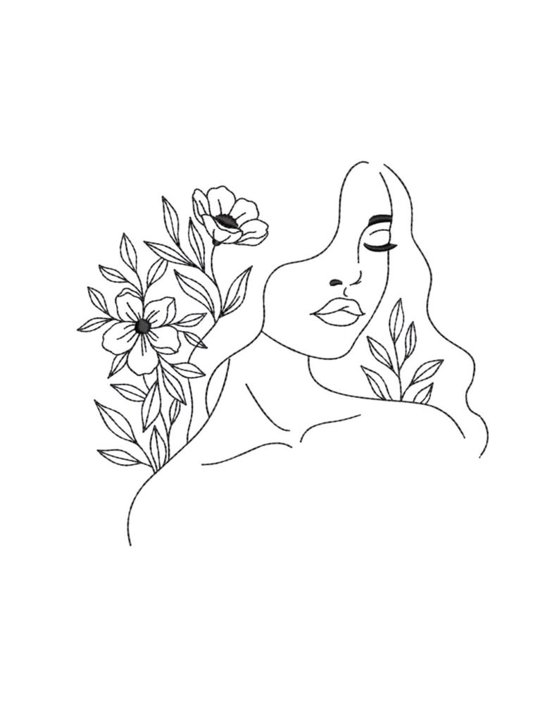 May include: A minimalist line art illustration of a woman's face with closed eyes, flowing hair, and a floral arrangement. The artwork is in black against a white background, creating a simple yet elegant design.