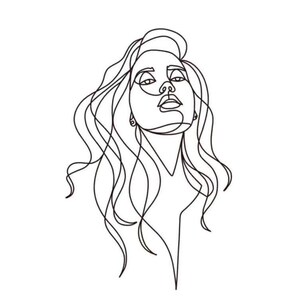 May include: A minimalist line art illustration of a woman's face and flowing hair. The artwork is rendered in a single, continuous black line against a white background, creating a modern and elegant aesthetic. The woman's gaze is directed upwards.