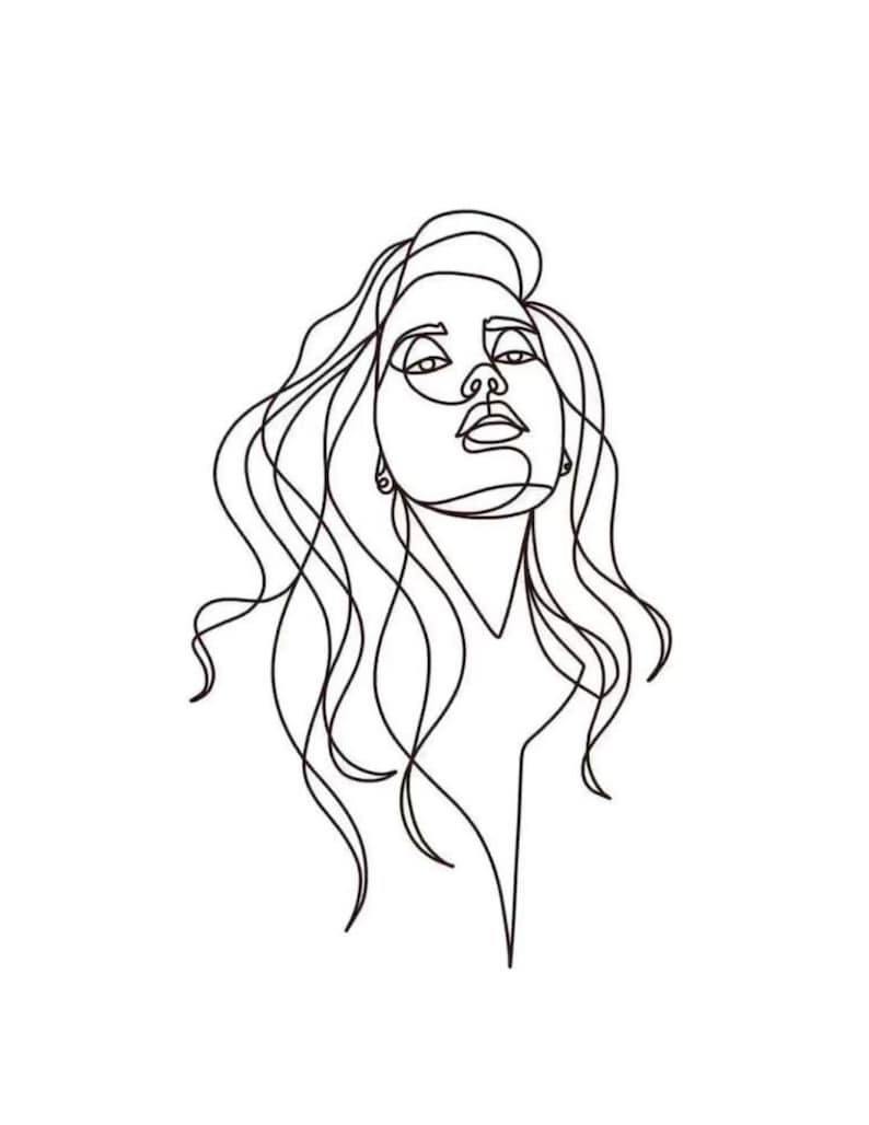 May include: A minimalist line art illustration of a woman's face and flowing hair. The artwork is rendered in a single, continuous black line against a white background, creating a modern and elegant aesthetic. The woman's gaze is directed upwards.