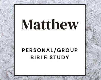 May include: A white square with the word "Matthew" in black, above the text "PERSONAL/GROUP BIBLE STUDY". The background has a textured, icy appearance.