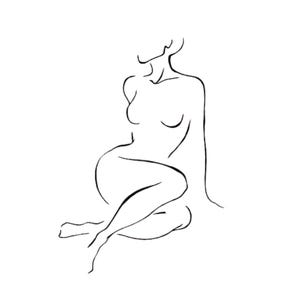 May include: A minimalist line drawing of a seated figure. The black outline depicts a person with their legs crossed and one arm extended. The artwork is set against a plain white background.