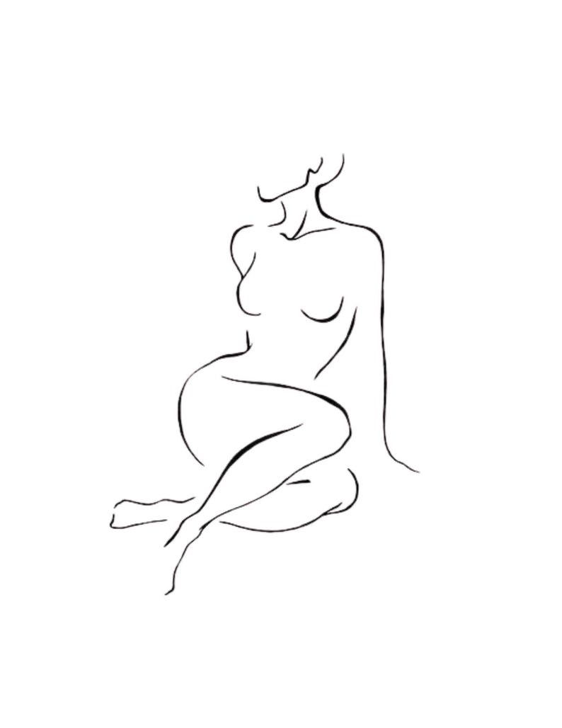 May include: A minimalist line drawing of a seated figure. The black outline depicts a person with their legs crossed and one arm extended. The artwork is set against a plain white background.