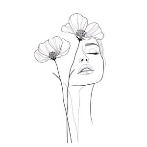 May include: A black and white line drawing of a woman's face with closed eyes, and two flowers. The flowers are positioned above the woman's head. The artwork is minimalist and elegant.