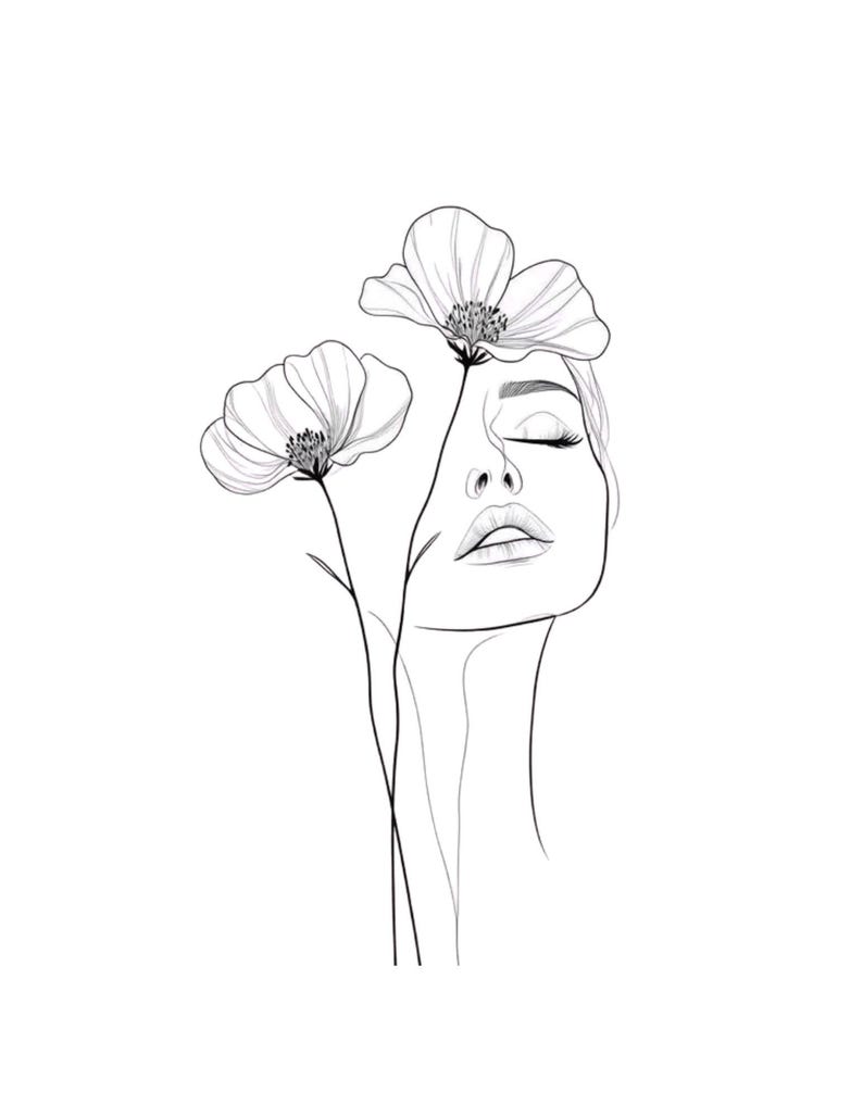 May include: A black and white line drawing of a woman's face with closed eyes, and two flowers. The flowers are positioned above the woman's head. The artwork is minimalist and elegant.