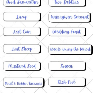 May include: A graphic with the title "Bible Study - Parables" and several text boxes with titles such as "Good Samaritan", "Two Debtors", "Lamp", and "Unforgiven Servant". The text is in a handwritten style.