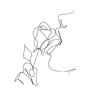 May include: A minimalist line drawing of a rose and a profile of a face. The black lines create the image of a rose with a stem and leaves, and a person's face, suggesting a romantic theme.