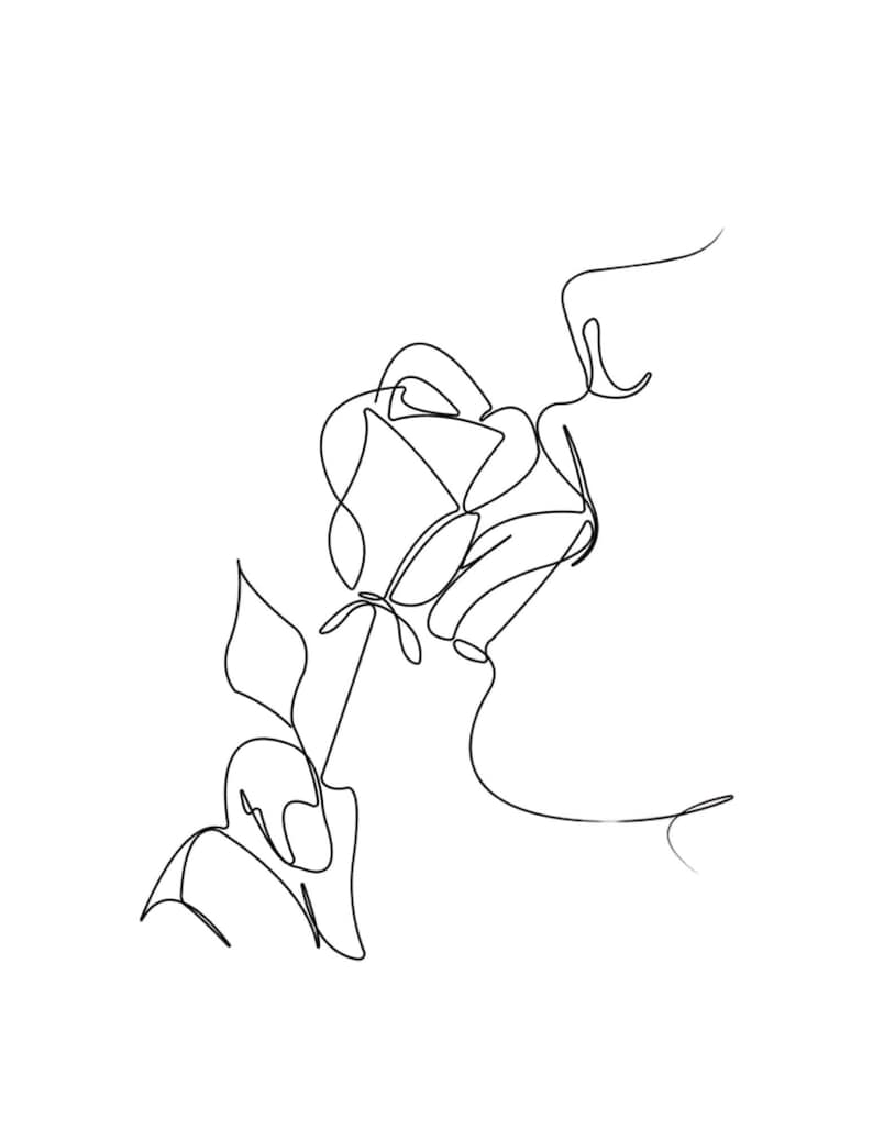 May include: A minimalist line drawing of a rose and a profile of a face. The black lines create the image of a rose with a stem and leaves, and a person's face, suggesting a romantic theme.
