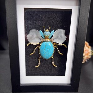 Handmade Insect Art Gift with Ceramic Beaded Embroidery and Turquoise Stone Detail, Framed Insect Art Set, Unique Embroidered Ceramic Insect