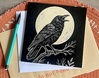Raven Greeting Card – Linocut Style Moon Art, Bird Illustration, Eco Nature Card