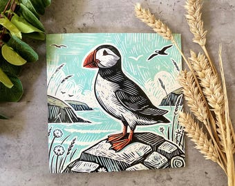 Puffin Art Greeting Card – Linocut Style | Coastal Wildlife Card | Blank Inside | Eco Friendly | Puffin Bird Card | Special Occasion