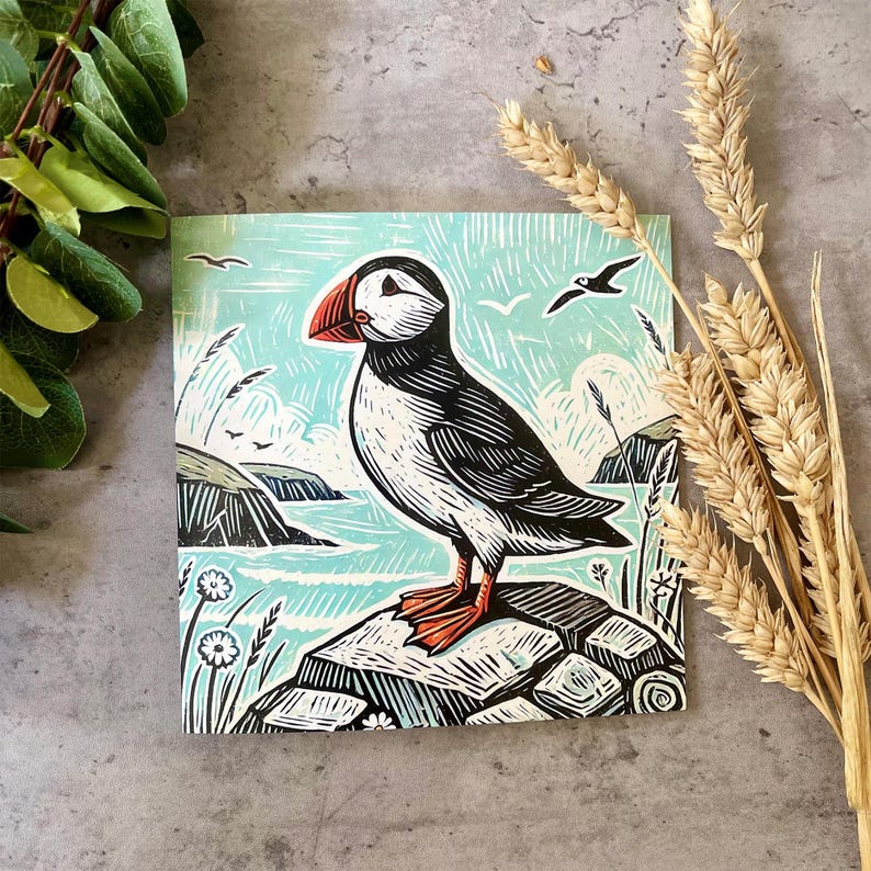 Puffin Art Greeting Card – Linocut Style | Coastal Wildlife Card | Blank Inside | Eco Friendly | Puffin Bird Card | Special Occasion bild 1