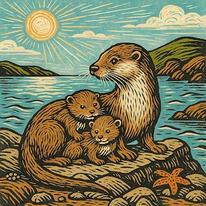 Otter Familie Kunst Karte - Grußkarte mit Wildtieren | Naturliebhaber Geschenk | Postkarte mit Küstentieren im Linolschnitt Stil | Geburtstagskarte | Besonderer Anlass