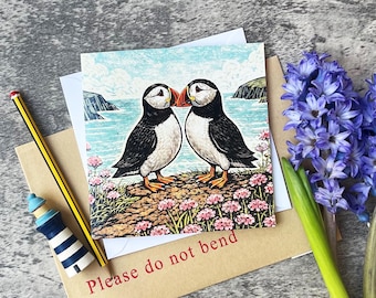 Puffin Greeting Card | Bird Lover | Coastal Wildlife | Anniversary Puffin Card | Linocut Style Nature Art