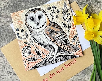 Barn Owl Linocut Card | Owl Lover | Wildlife Greeting | Special Occasion