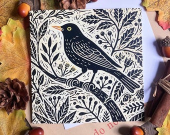 Blackbird Greeting Card, Linocut Style Bird Art, Blank Inside