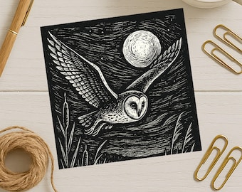 Barn Owl Greeting Card – Linocut Style Bird Art, Moon Night Scene, Nature Card