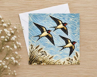 Swallow Greeting Card, Linocut Style Bird Art, Blank Inside