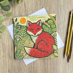 Grusskarte Fuchs – Linolschnitt Stil | Waldtier Karte | Innen leer | Umweltfreundlich | Landschaft Wildtiere Karte | Besonderer Anlass