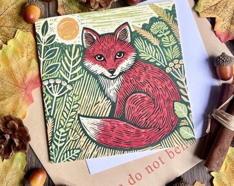 Fox Art Greeting Card – Linocut Style | Woodland Animal Card | Blank Inside | Eco Friendly | Countryside Wildlife Card | Special Occasion