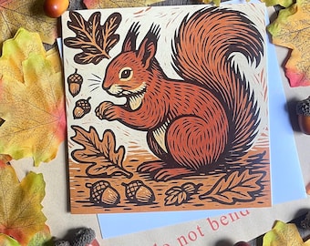 Squirrel Greeting Card – Linocut Style Red Squirrel Art | Autumn Wildlife Card for Nature Lovers | Woodland Gifts | Squirrel Lover Gift