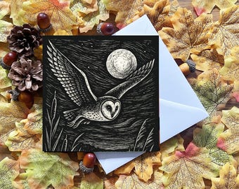 Barn Owl Greeting Card, Linocut Style Moon Art, Blank Inside