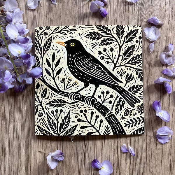 Blackbird Art Greeting Card – Linocut Style | Nature Folk Art Card | Bird Card | Blank Inside | Eco Friendly | Special Occasion
