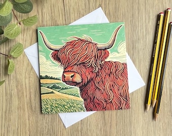 Highland Cow Art Card – Rustic Linocut Style Farm Animal Greeting Card