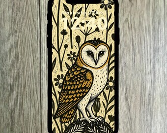 Barn Owl Phone Wallpaper – Linocut Style Bird Art for Nature Lovers & Folk Art Fans