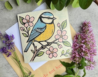 Blue Tit Greeting Card – Linocut Style Bird Card with Blossom | Nature Art Card for Garden & Bird Lovers | Birthday Card | Special Occasion