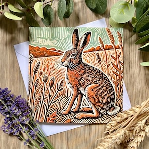 Hase Grußkarte – Wildtier Kunstdruck – Linoldruck Stil Landkarte | Britisches Natur Geschenk | Folkloristische Tier Illustration
