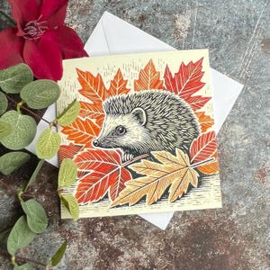 Hedgehog Art Greeting Card – Linocut Style | Autumn Woodland Animal Card | Blank Inside | Eco Friendly | Rustic Country Card | Birthday Card