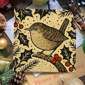 Wren Christmas Card, Rustic Woodland Linocut Art, Blank Inside
