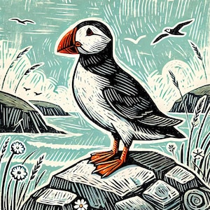 Carte de voeux artistique macareux - Style linogravure | Carte faunique côtière | Blanc à l'intérieur | Respectueux de l'environnement | oiseau macareux | Occasion spéciale