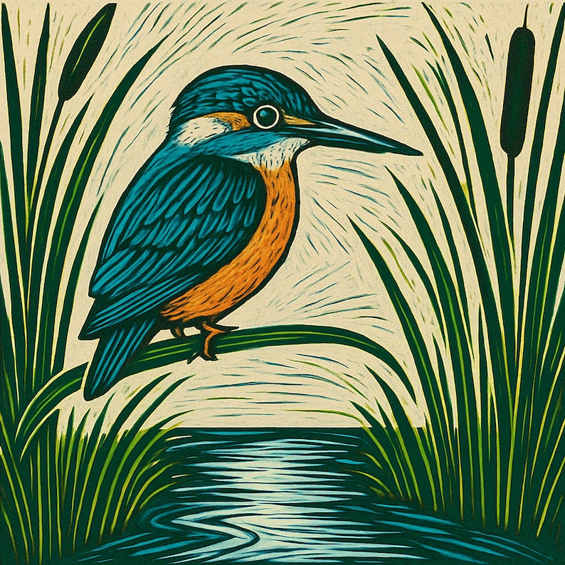 May include: A colorful illustration of a kingfisher bird perched on a branch above water. The bird has blue, orange, and white plumage. Tall green reeds and cattails surround the bird and water, creating a nature scene.