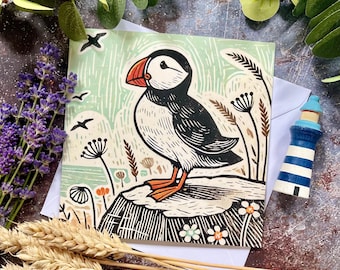 Puffin Art Card – Coastal Bird Greeting Card – Seabird Wildlife Print | Nature Gift for Bird Lovers | Puffin Illustration Card