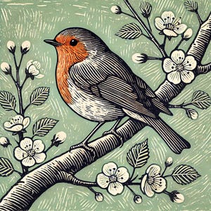 Carte de voeux rouge-gorge en fleurs - Art animalier de style linogravure - Cadeau pour les amoureux de la nature - Carte de la faune printanière - Vierge à l'intérieur