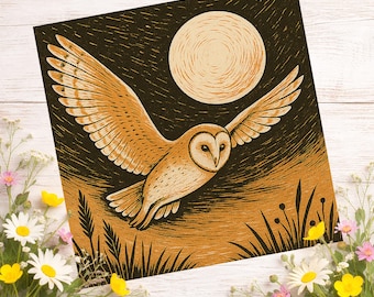 Barn Owl Greeting Card – Spring Nature Birthday Card – Moonlight Wildlife Linocut Art