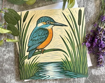 Kingfisher Art Card – Linocut Style Bird Card | Nature Lover’s Greeting Card | British Wildlife Gift | Special Occasion | Birthday Card