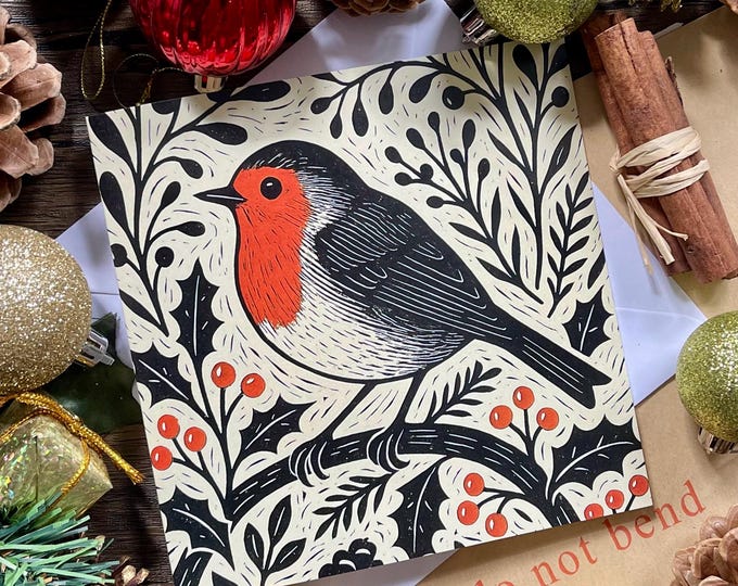 Robin Christmas Card – Rustic Woodland Holiday Greeting – Linocut Folk ...