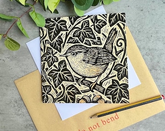 Wren Art Card – Linocut Style Bird Greeting Card | British Wildlife Card for Nature Lovers | Garden wildlife lover | Birthday Card